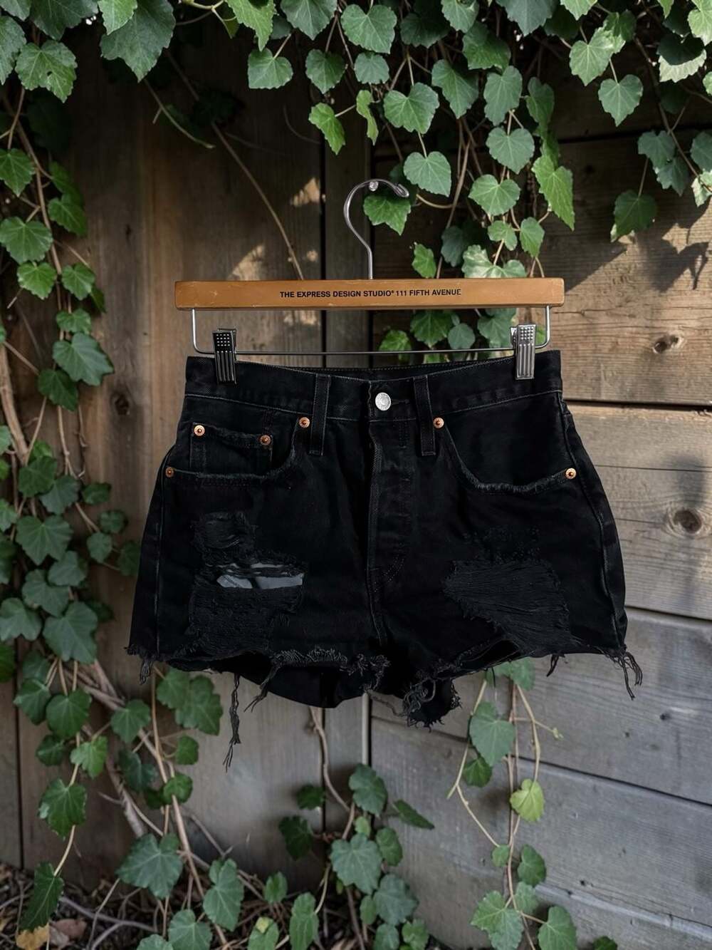 Levi's 501 Original Fit High-Rise Distressed Denim Shorts in Black